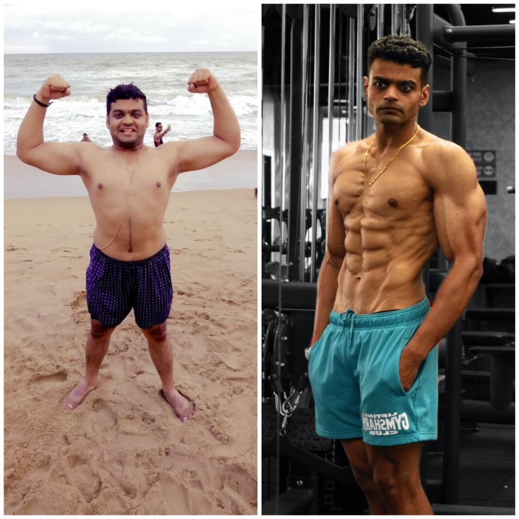 Transformation journey: before on a beach, after in the gym
